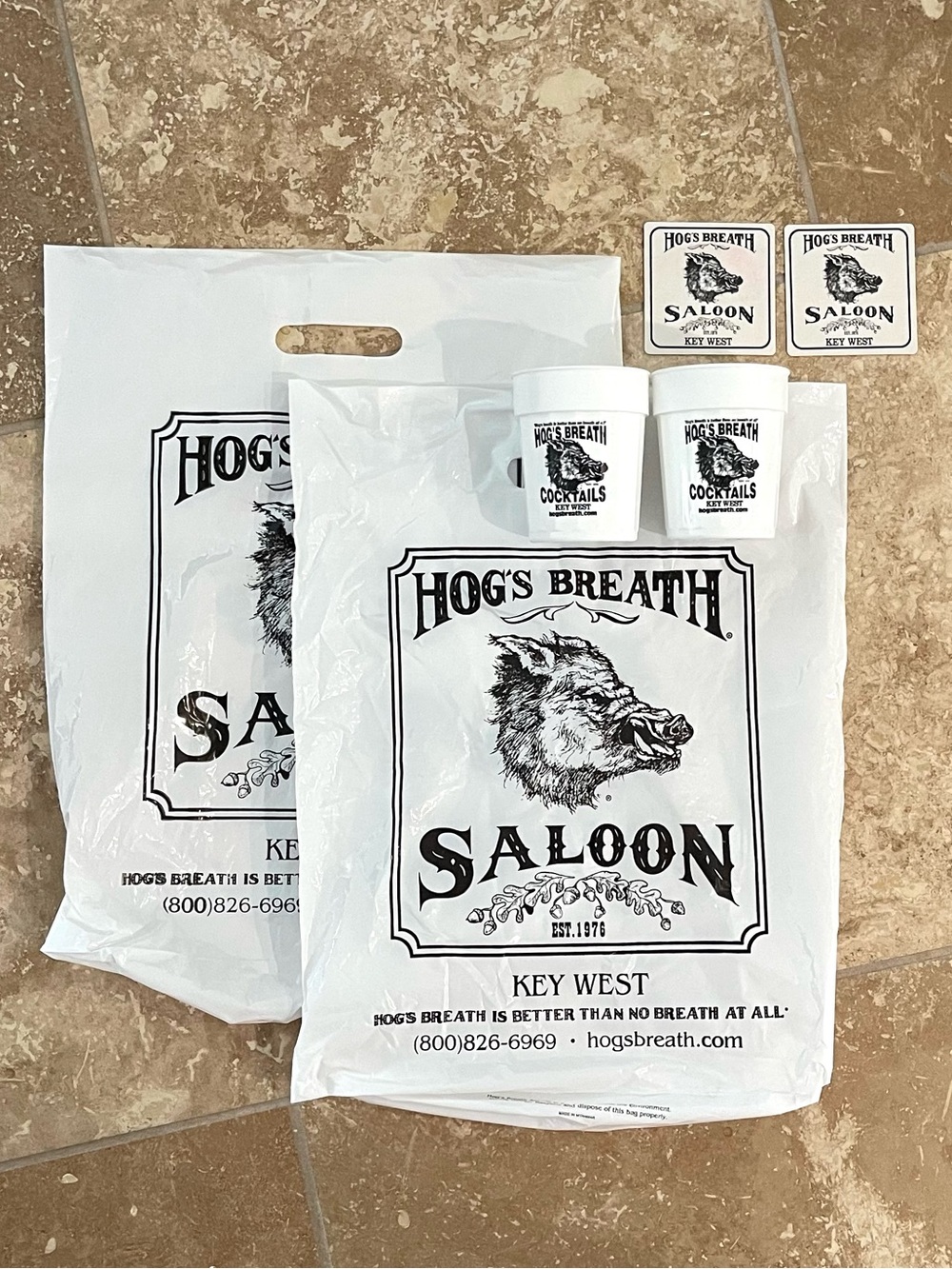 Hog's Breath Saloon Key West Plastic Tote Bag, Coaster & Cups Set!